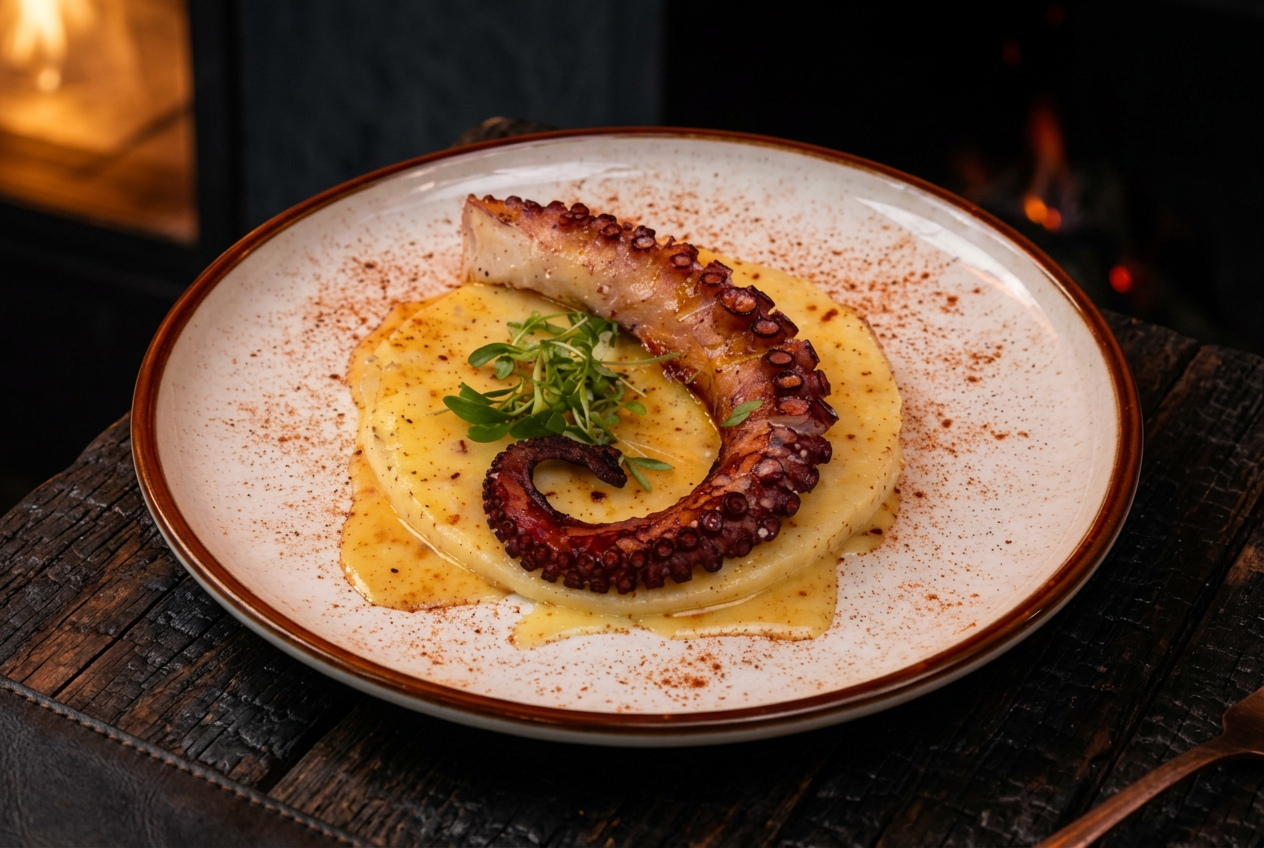 Pulpo a la brasa sobre puré de papa
