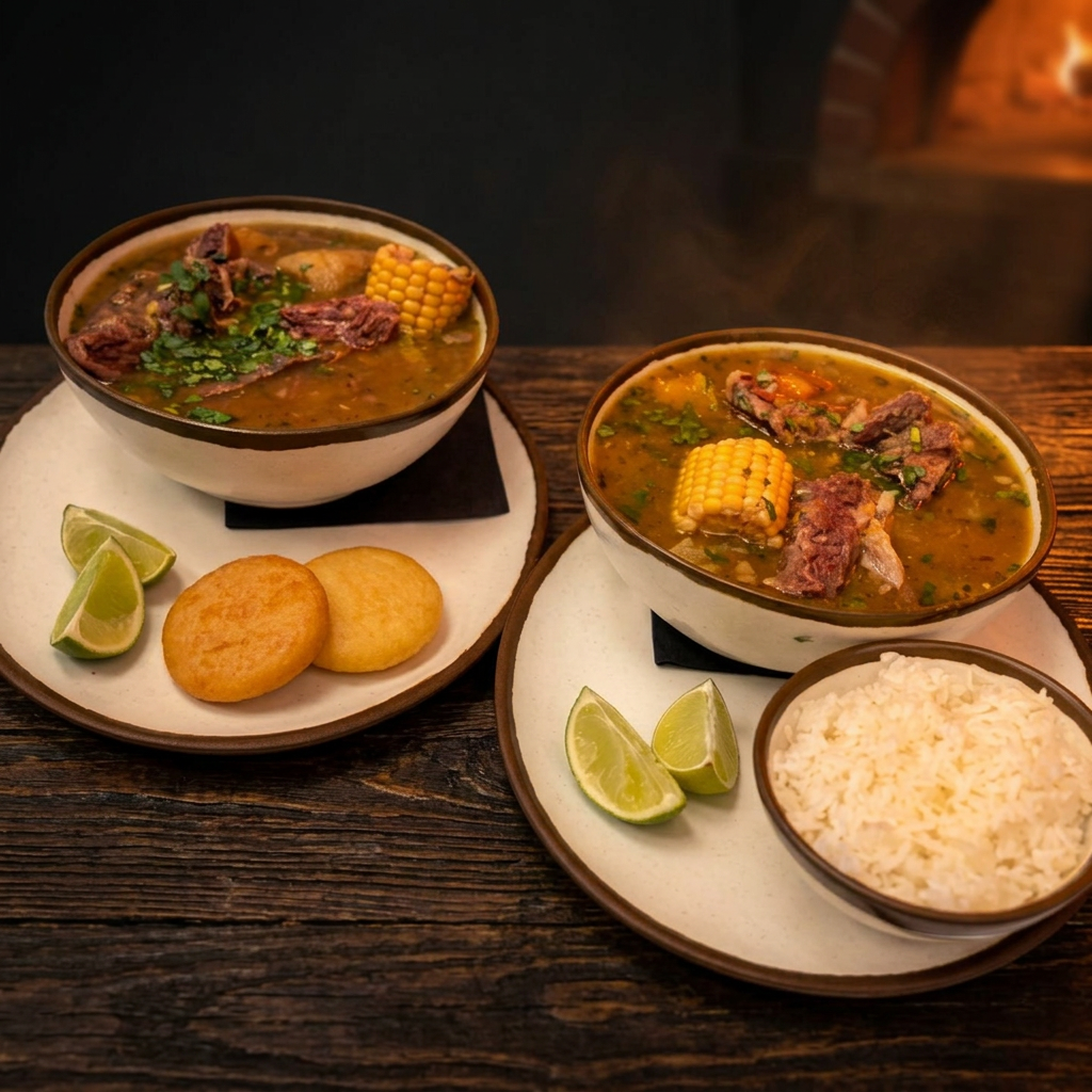 Sancocho latino con maíz, limón y arepas
