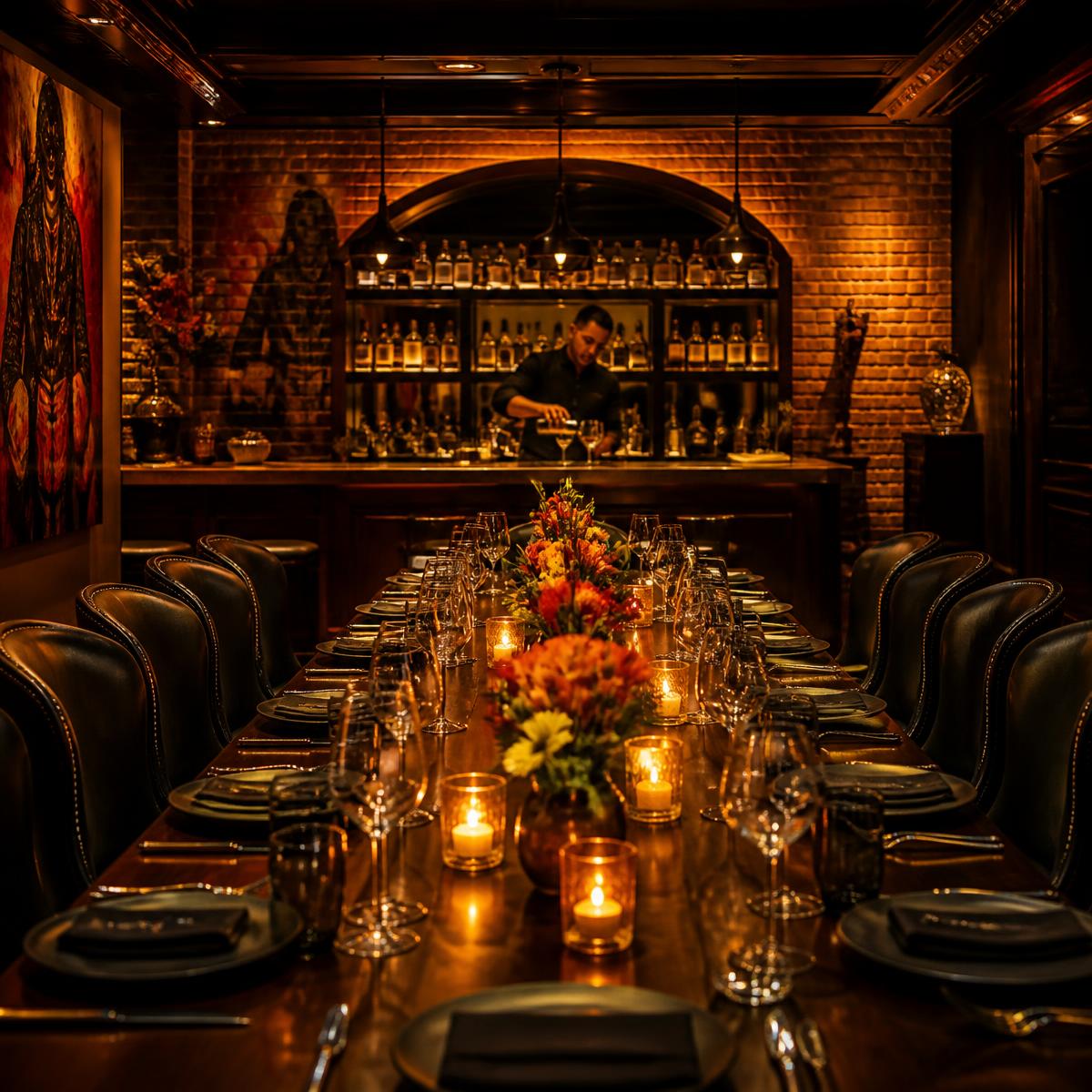 Salón privado montado para una cena de grupo